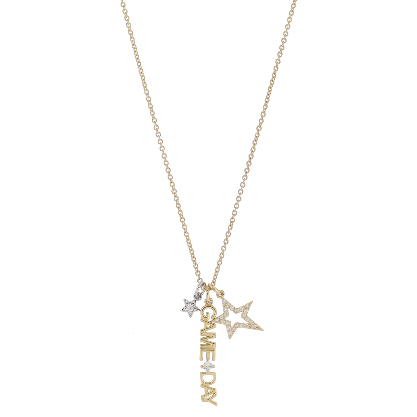 16" Silver Star with Crystal, Gold "GAME DAY" with Crystal, Open Crystal Star Necklace, 3" Ext