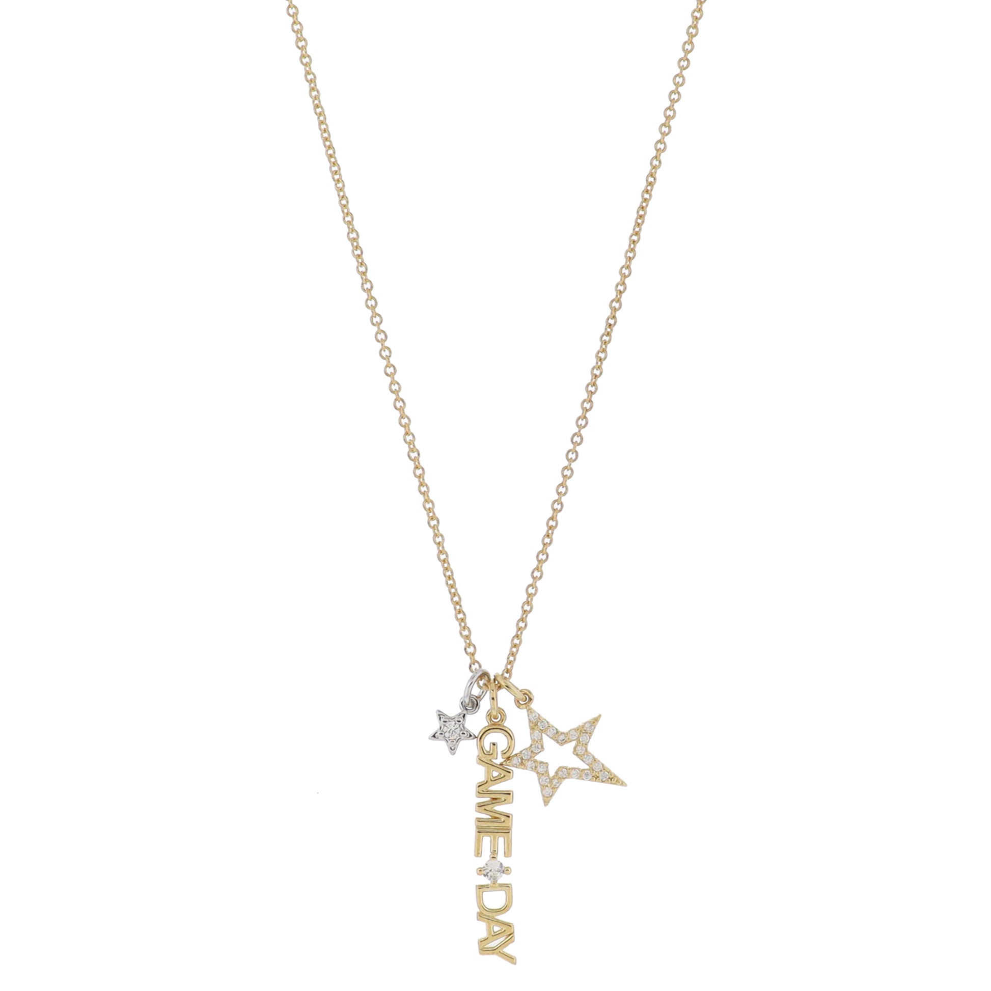 16" Silver Star with Crystal, Gold "GAME DAY" with Crystal, Open Crystal Star Necklace, 3" Ext