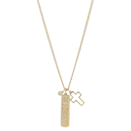 16" Gold Bezel Crystal, Wide Gold Bar with Pave Crystal "BLESSED", Gold Open Cross Necklace, 3"Ext