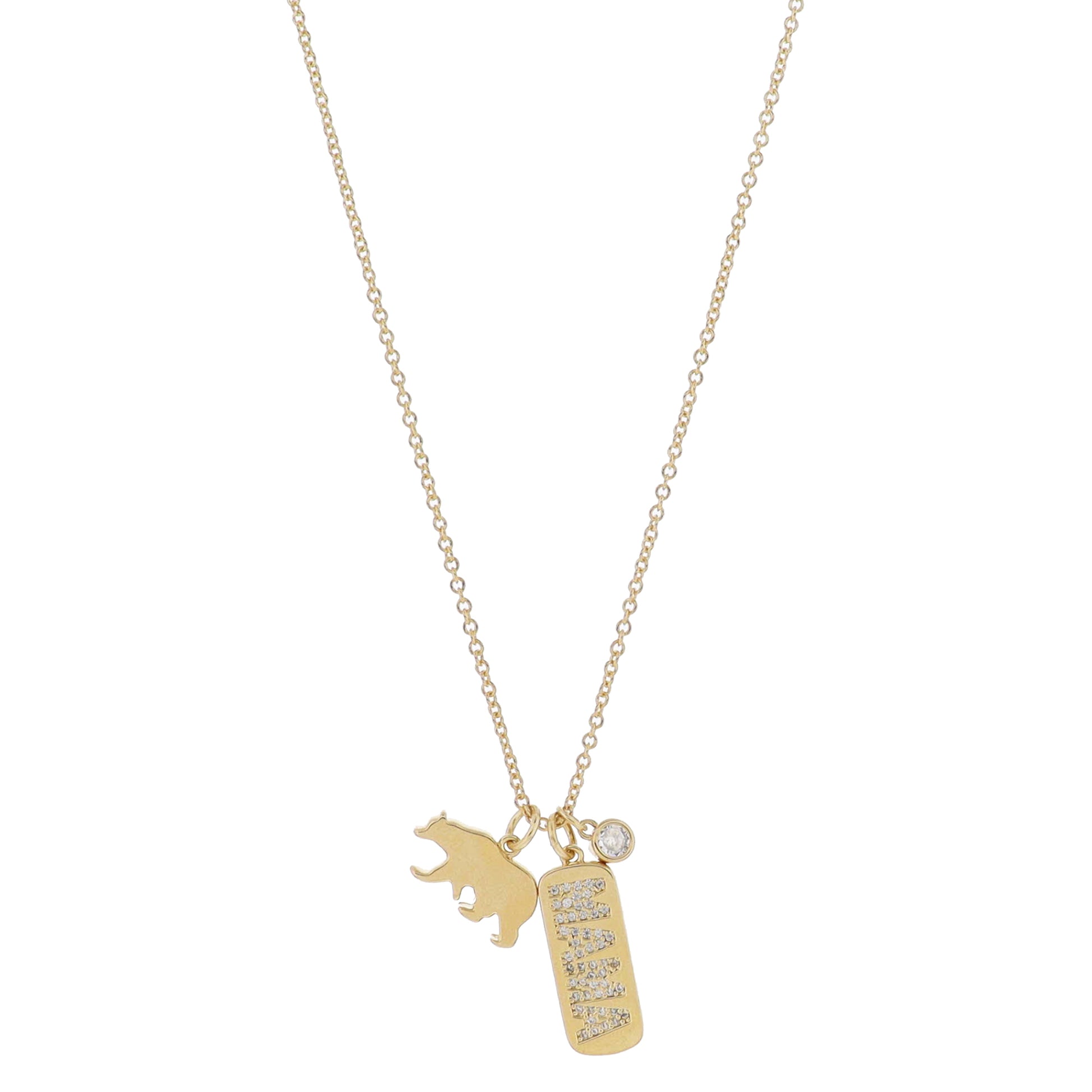 16" Gold Bear, Wide Gold Bar with Pave Crystal "MAMA", Gold Bezel Crystal Necklace, 3" Ext