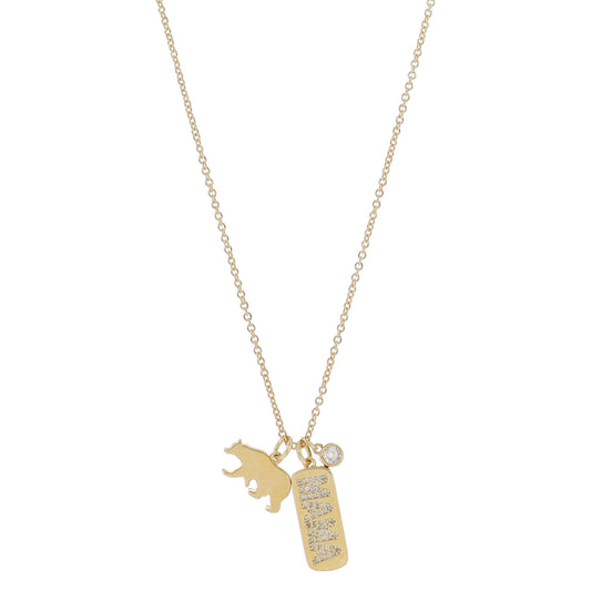 16" Gold Bear, Wide Gold Bar with Pave Crystal "MAMA", Gold Bezel Crystal Necklace, 3" Ext