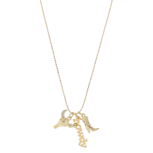 16" Gold Cow Skull with Flower Accents, Gold "howdy", Gold Cowgirl Boot Necklace, 3" Ext