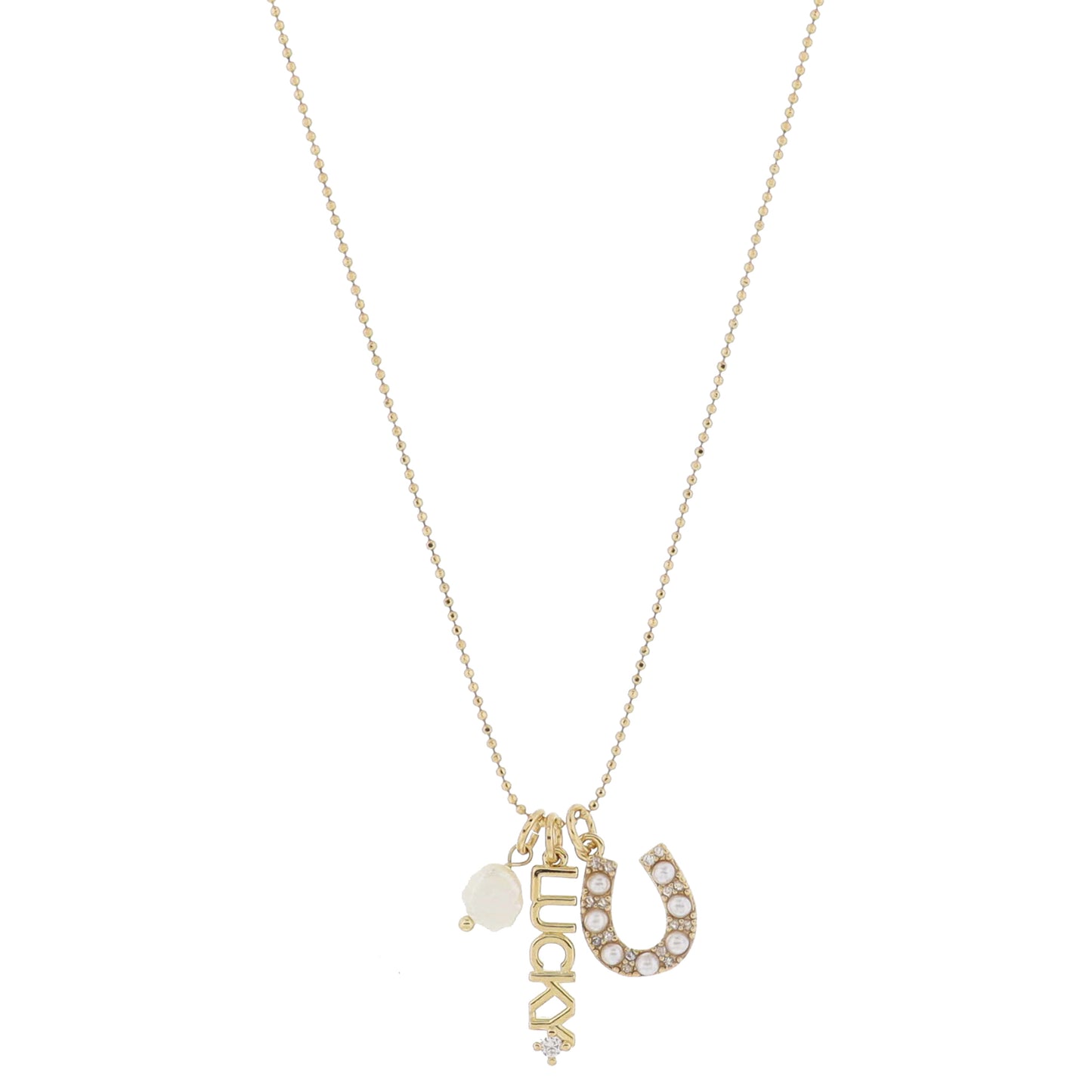 16" Natural Pearl, Gold "LUCKY" with Mini Crystal, Pearl & Mini Crystal Horseshoe Necklace, 3" Ext