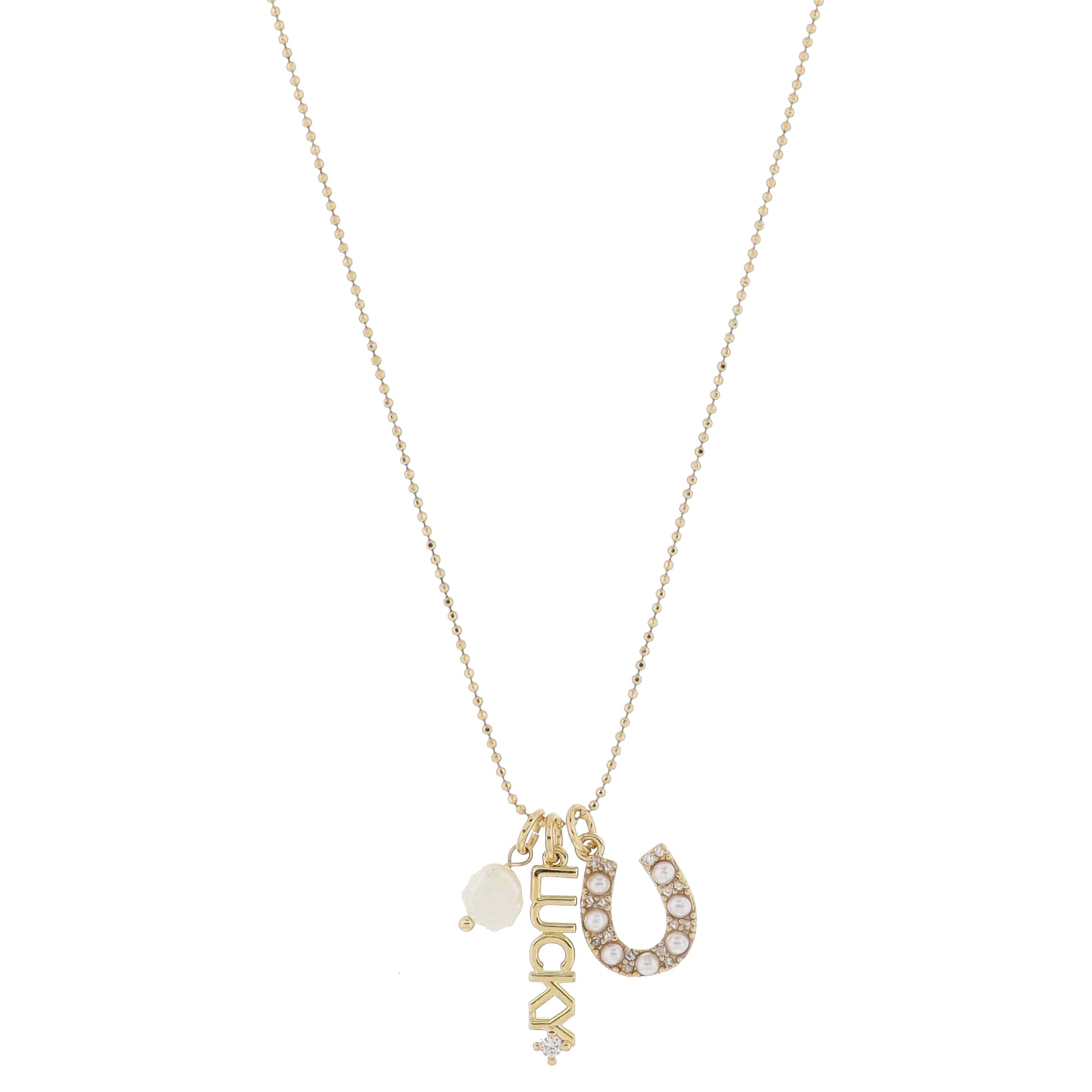 16" Natural Pearl, Gold "LUCKY" with Mini Crystal, Pearl & Mini Crystal Horseshoe Necklace, 3" Ext