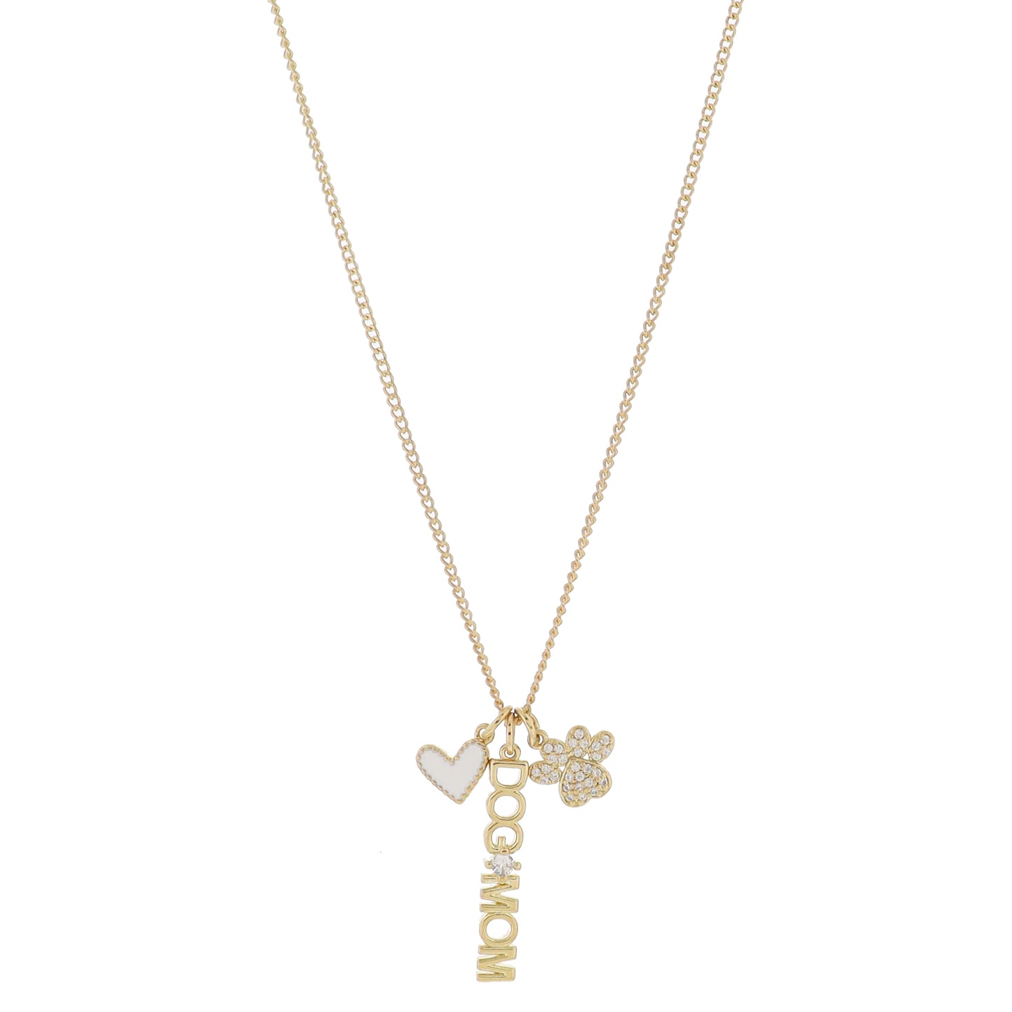 16" White Enamel Heart, Gold "DOG MOM" with Crystal, Gold Pave Crystal Pawprint Necklace, 3" Ext