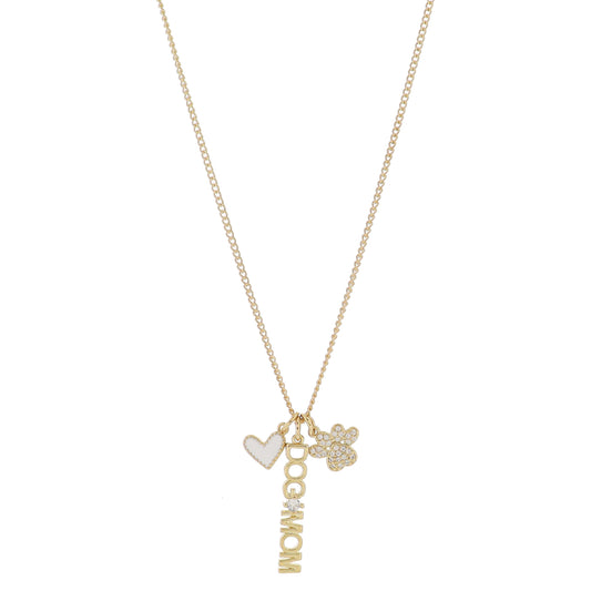 16" White Enamel Heart, Gold "DOG MOM" with Crystal, Gold Pave Crystal Pawprint Necklace, 3" Ext