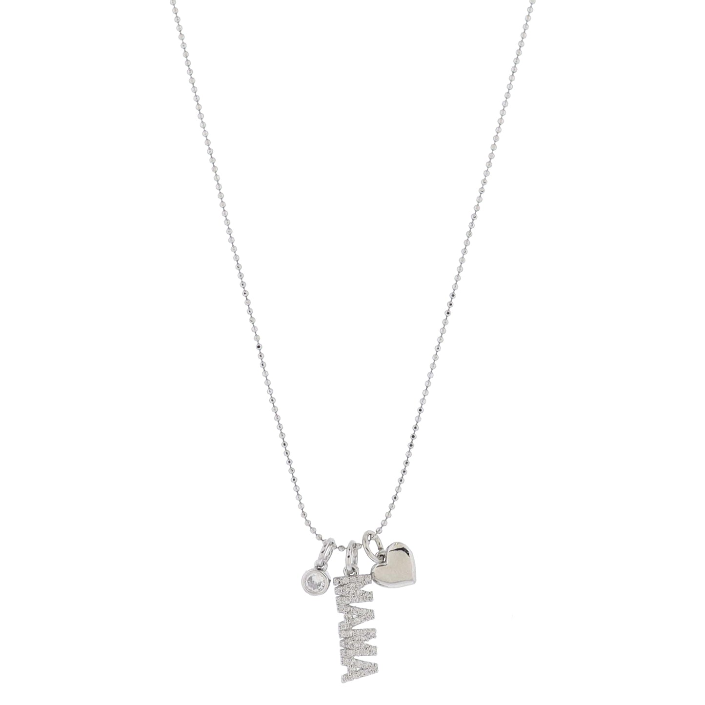 16" Silver Bezel Crystal, Silver Pave Crystal "MAMA", Silver Heart Necklace, 3" Ext