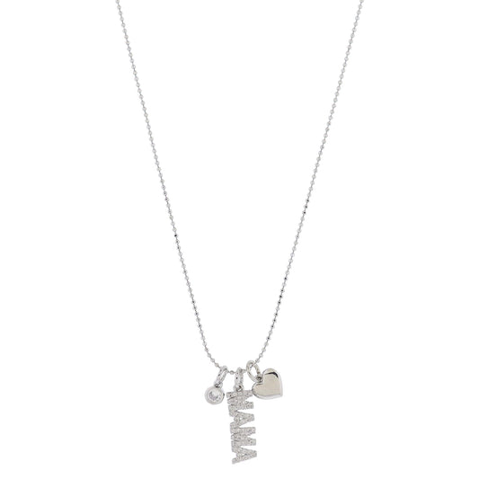 16" Silver Bezel Crystal, Silver Pave Crystal "MAMA", Silver Heart Necklace, 3" Ext