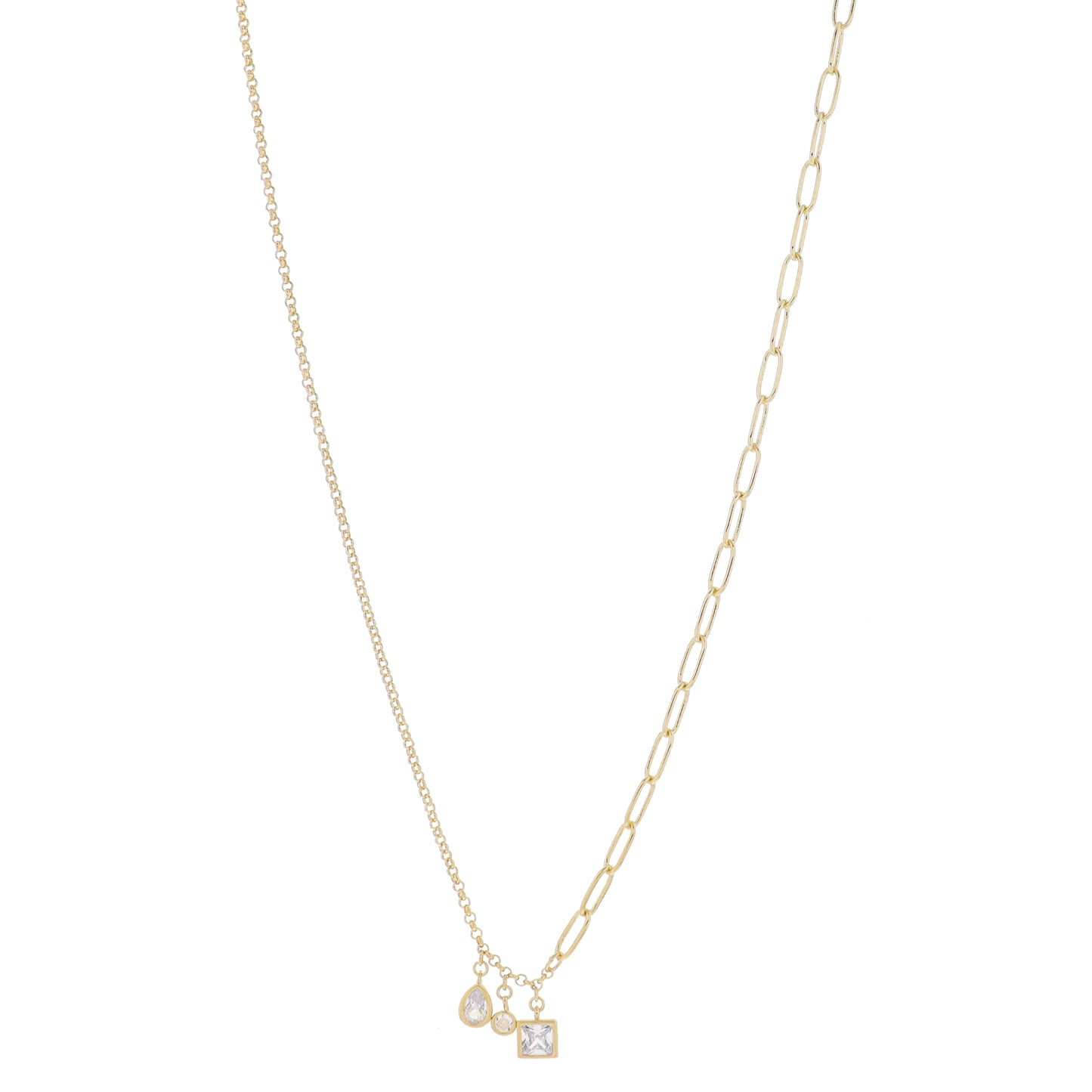 30" Half Rolo, Half Paperclip with Multi Clear Bezel Crystals Necklace, 3" Ext