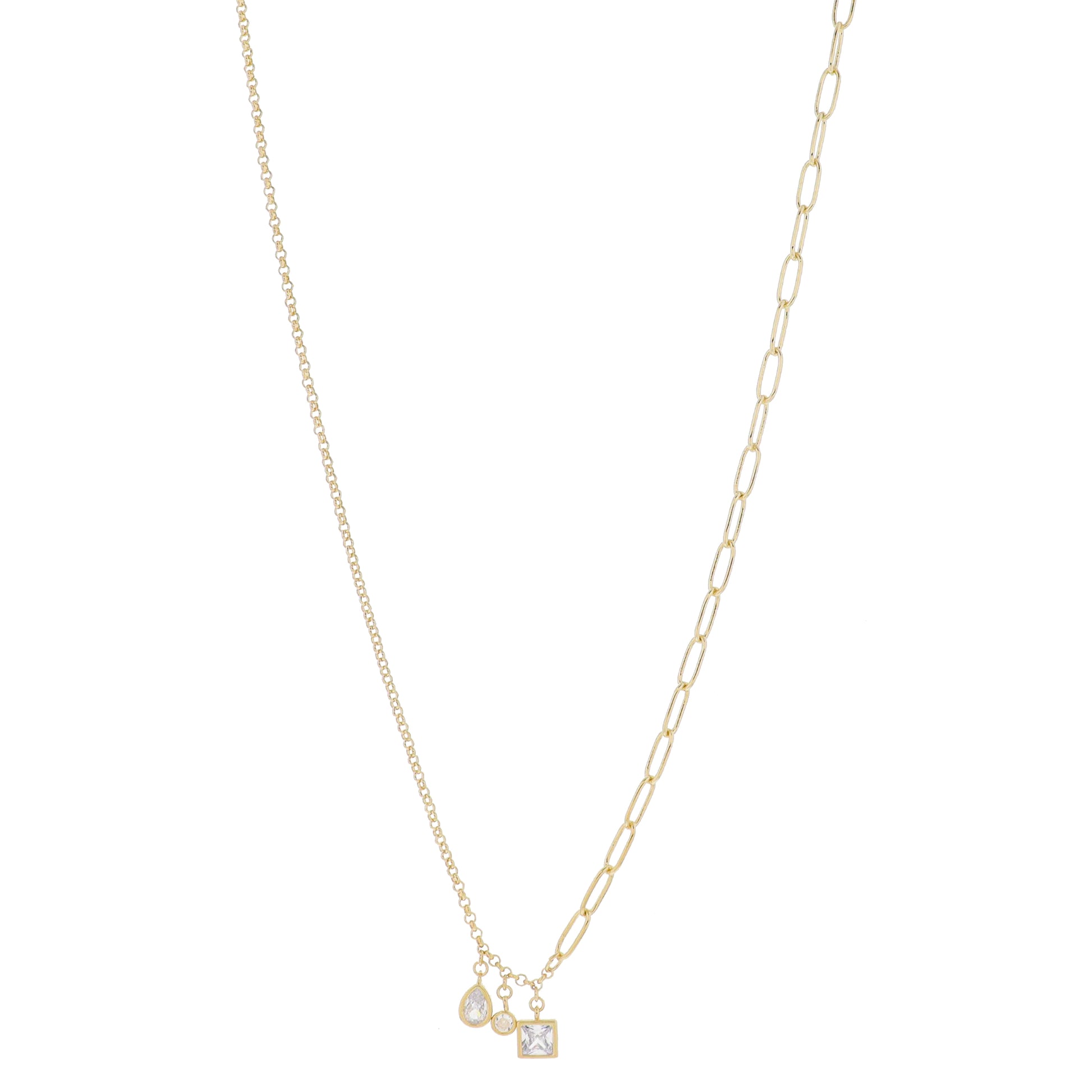 30" Half Rolo, Half Paperclip with Multi Clear Bezel Crystals Necklace, 3" Ext