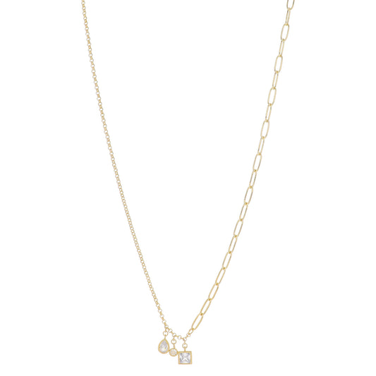 30" Half Rolo, Half Paperclip with Multi Clear Bezel Crystals Necklace, 3" Ext