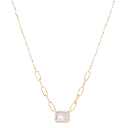 16" 18K Gold Plated Paperclip Chain Portion & Rectangle Crystal with Pave Crystal Edge , 3" Ext