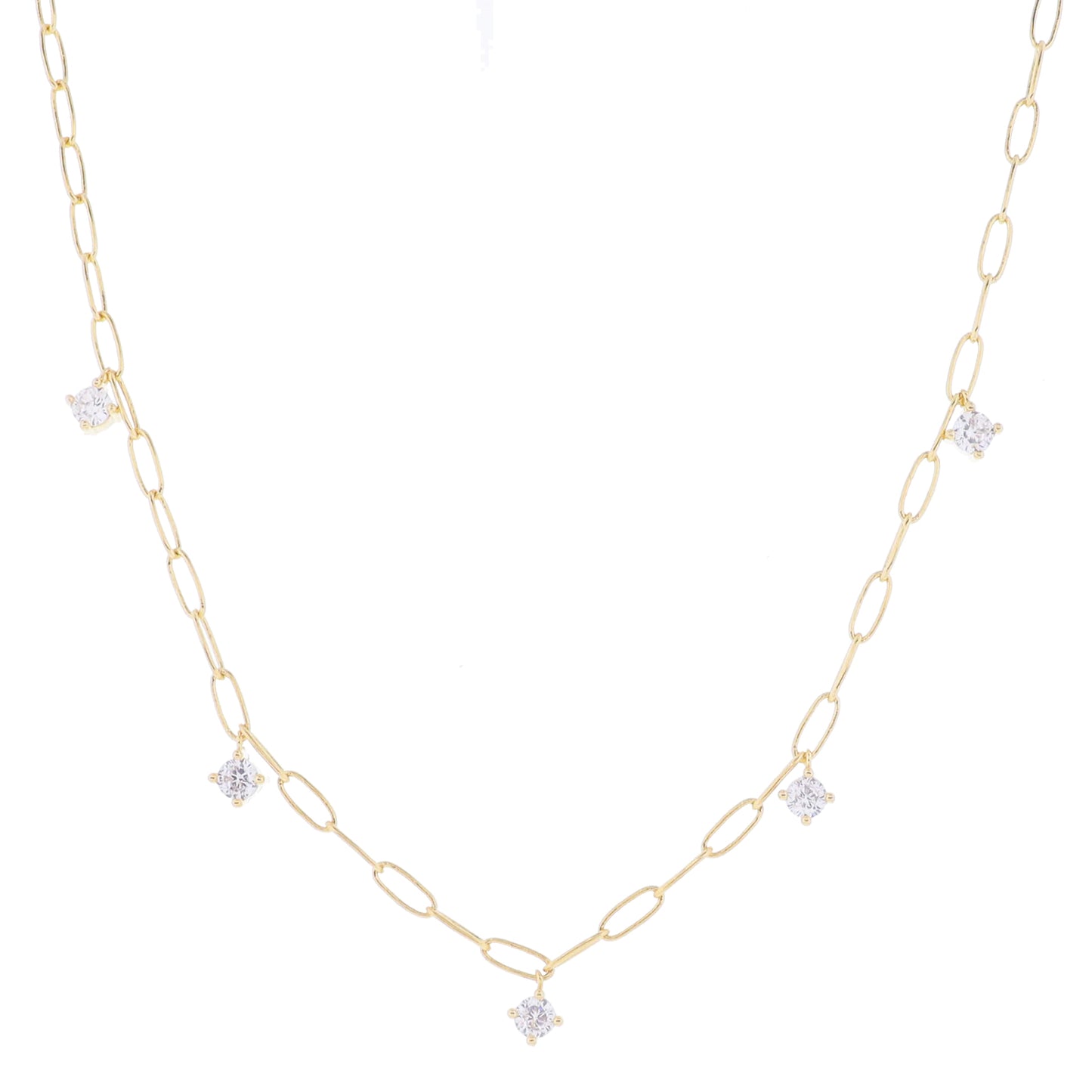 16" 18K Gold Plated Paperclip Chain with Clear Crystal Dangle Stations , 3" Ext
