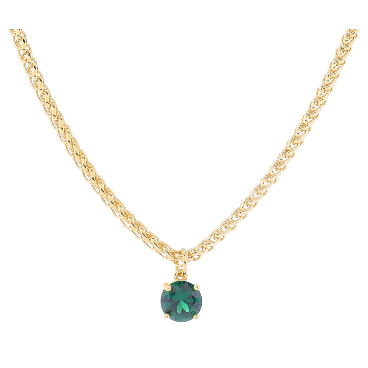 16" 18K Gold Plated Wheat Chain with Green Crystal Necklace, 3" Ext