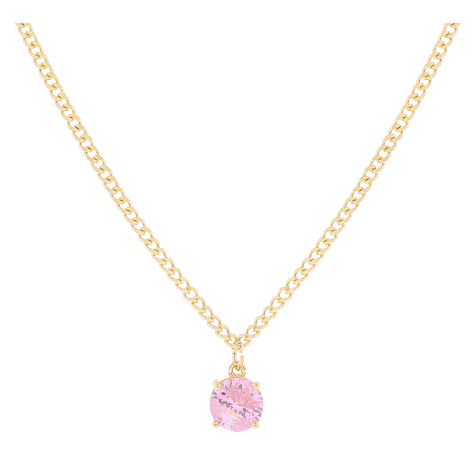 16" 18K Gold Plated Curb Chain with Pink Crystal Necklace, 3" Ext