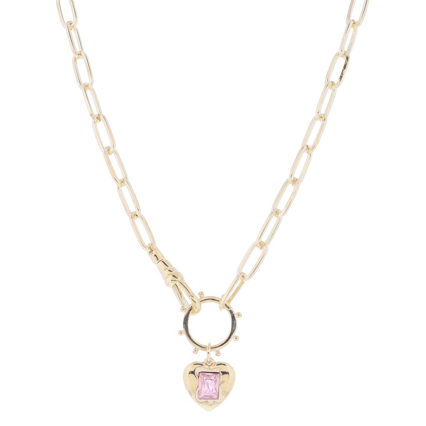 16" Claw Clasp with Gold Studded Ring and Gold Heart with Pink Rectangle Crystal Necklace