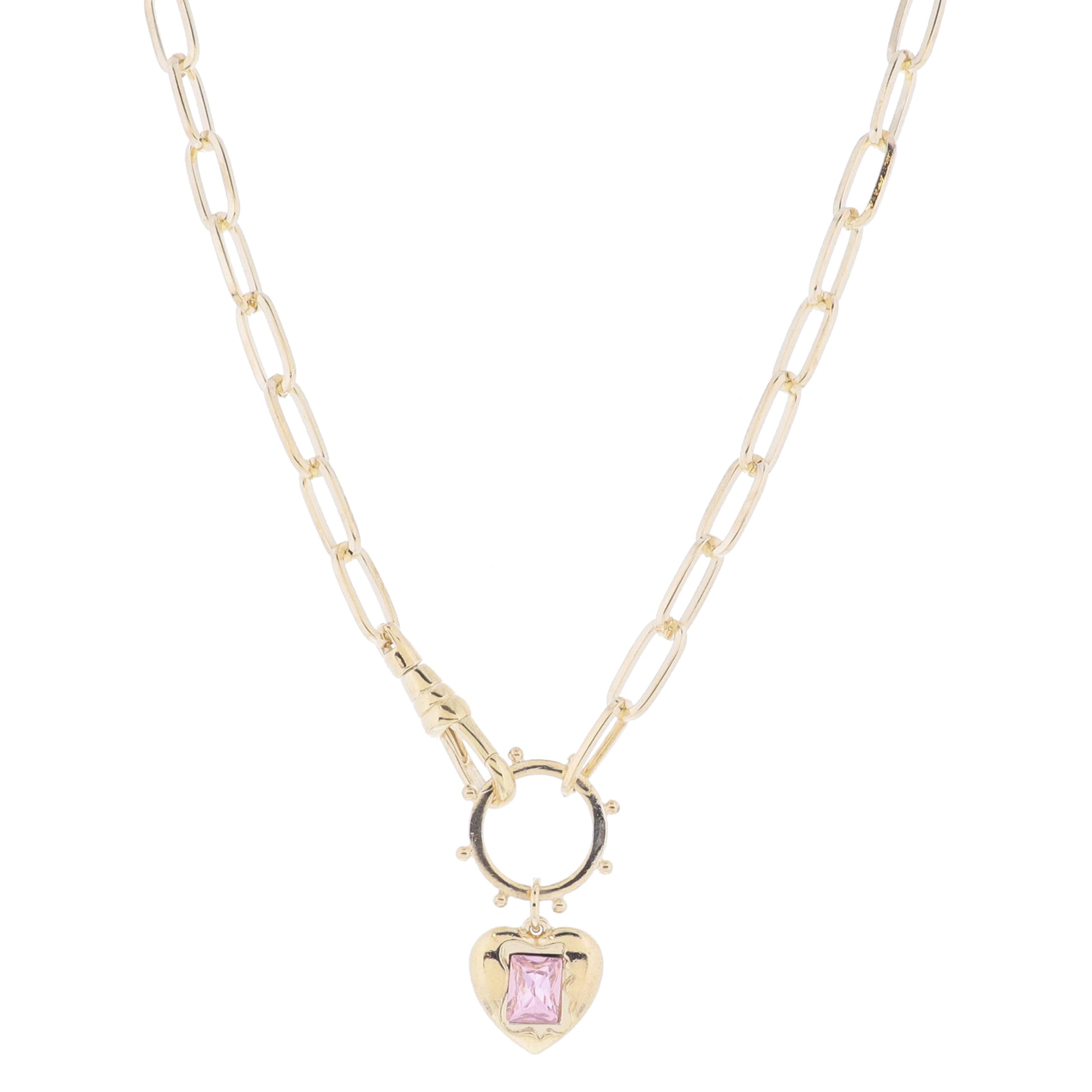 16" Claw Clasp with Gold Studded Ring and Gold Heart with Pink Rectangle Crystal Necklace