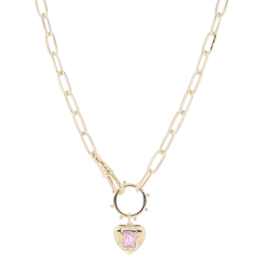 16" Claw Clasp with Gold Studded Ring and Gold Heart with Pink Rectangle Crystal Necklace