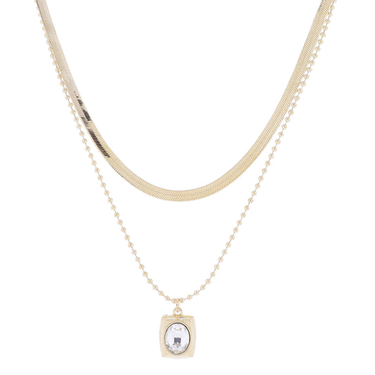 16", 18" 2 Strand Gold Herringbone Chain & Ball Chain with Rounded Rectangle & Crystal Necklace