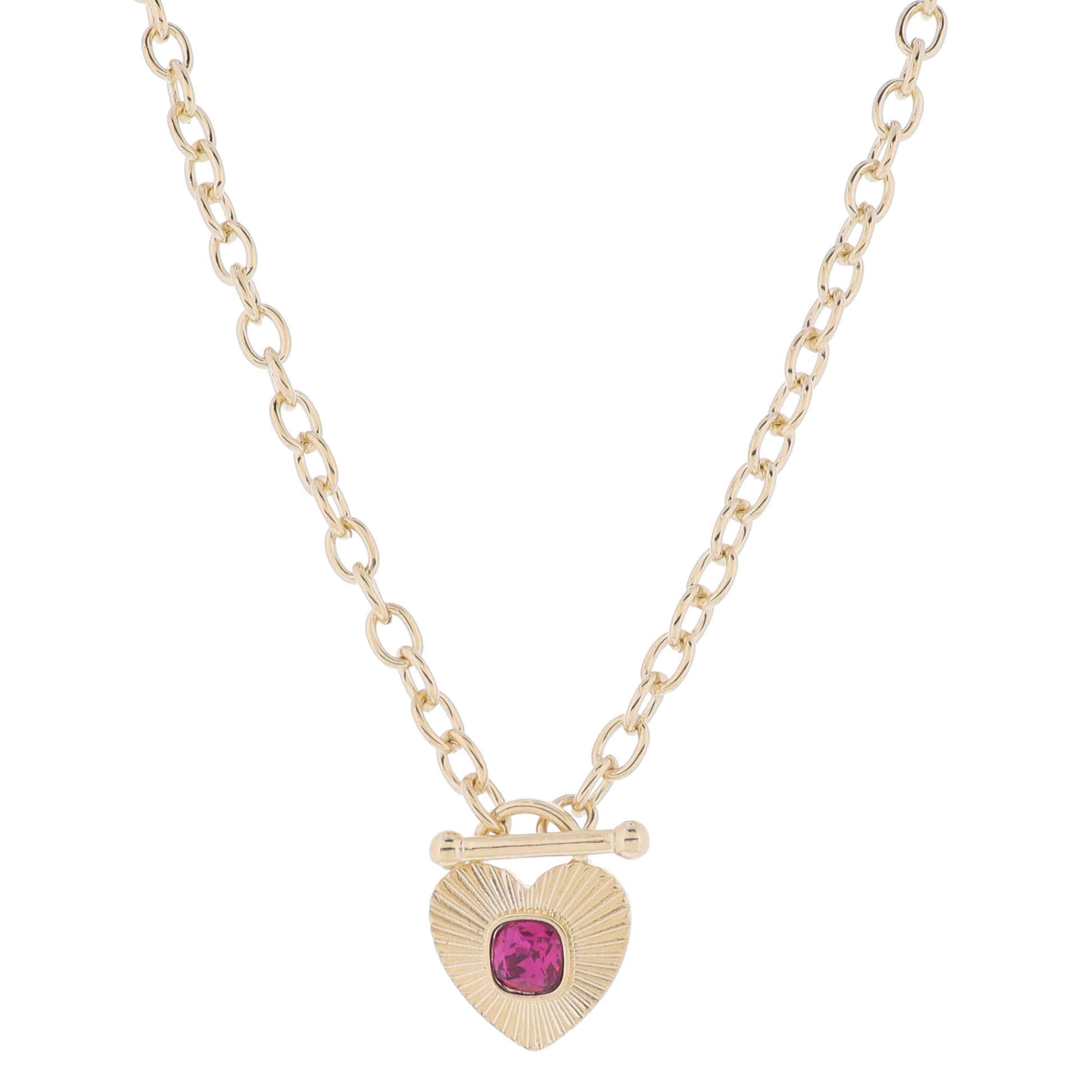 16" Gold Starburst Textured Heart Latch Toggle with Hot Pink Cushion Crystal Necklace