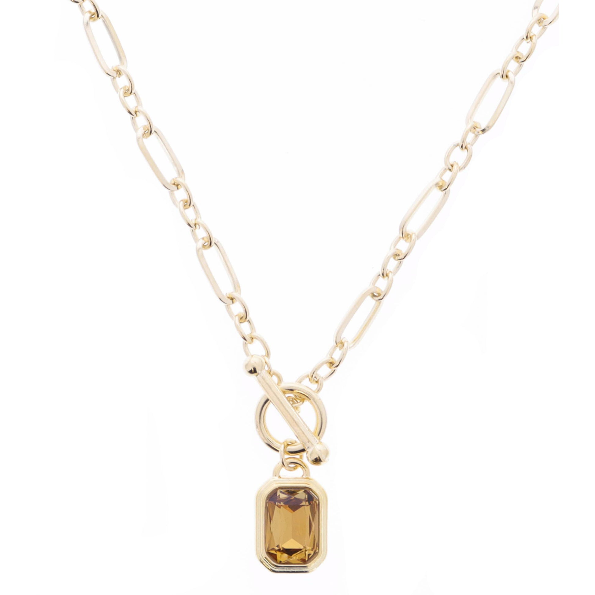 16" Thick Gold Toggle and Chunky Topaz Emerald Shape Crystal Necklace