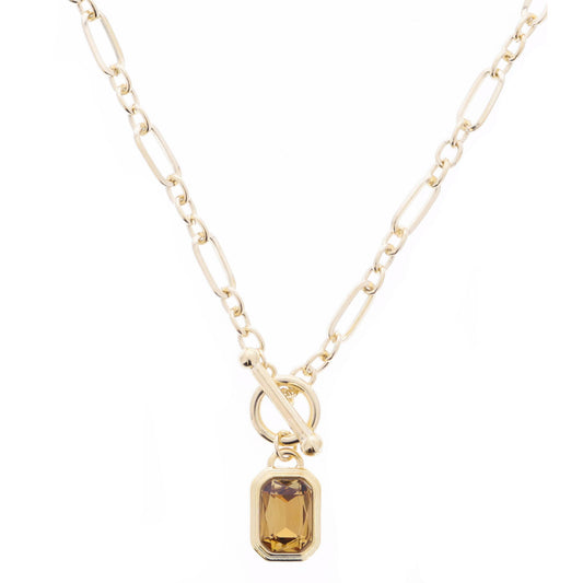 16" Thick Gold Toggle and Chunky Topaz Emerald Shape Crystal Necklace
