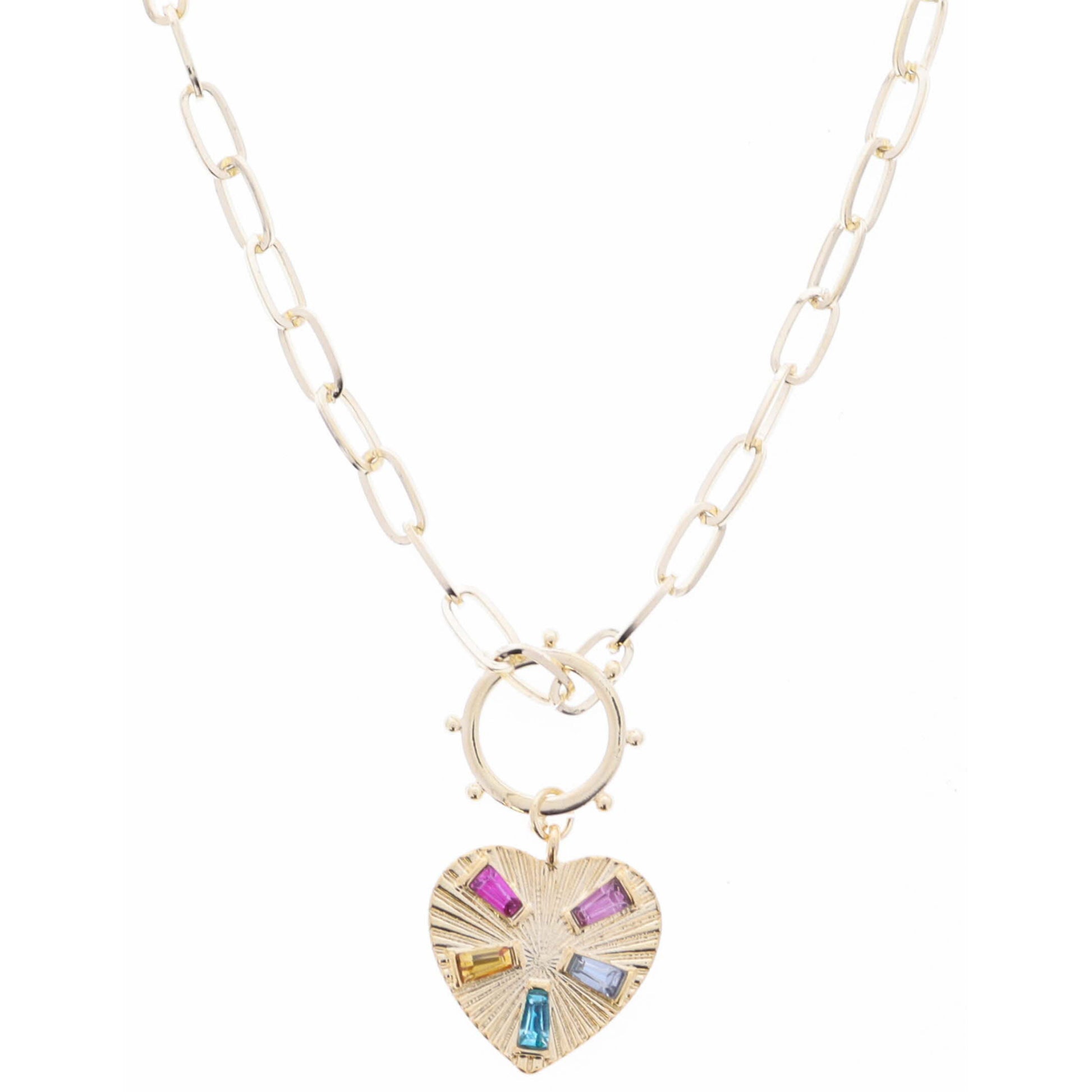 16" Gold Studded Ring and Starburst Textured Gold Heart with Multi Crystal Accents Necklace