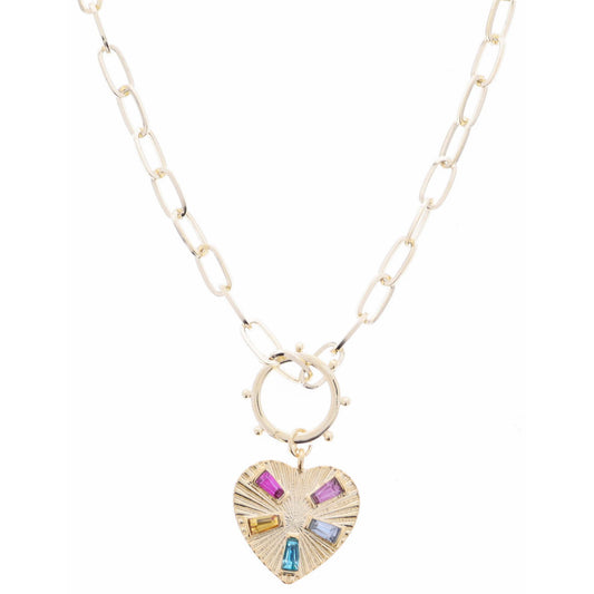 16" Gold Studded Ring and Starburst Textured Gold Heart with Multi Crystal Accents Necklace