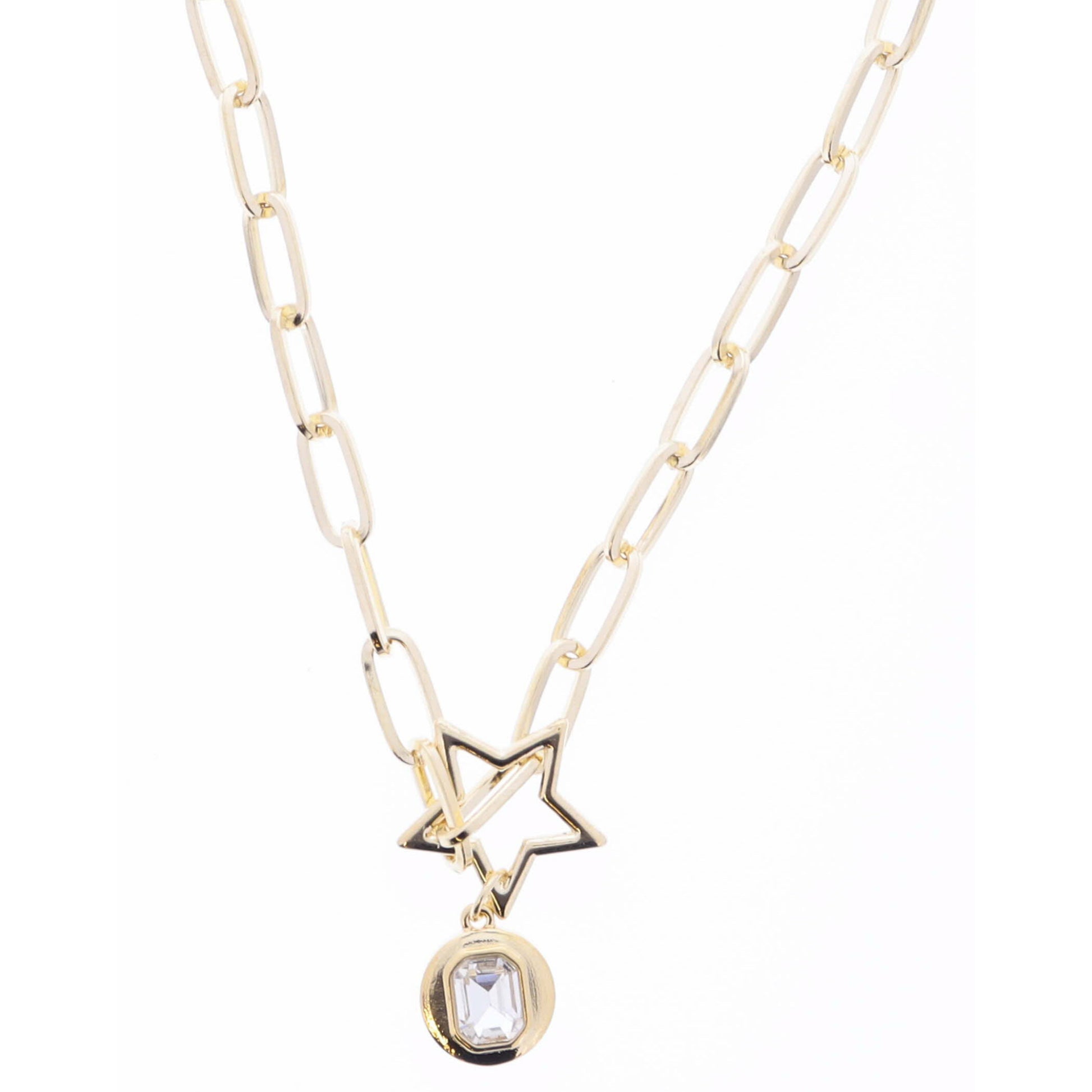 16" Gold Star Ring and Gold Disc with Clear Emerald Shaped Center Crystal Necklace