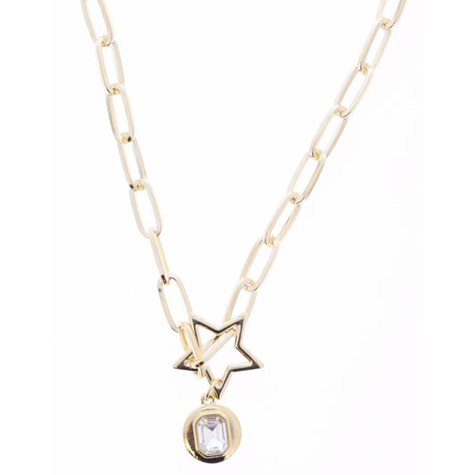 16" Gold Star Ring and Gold Disc with Clear Emerald Shaped Center Crystal Necklace