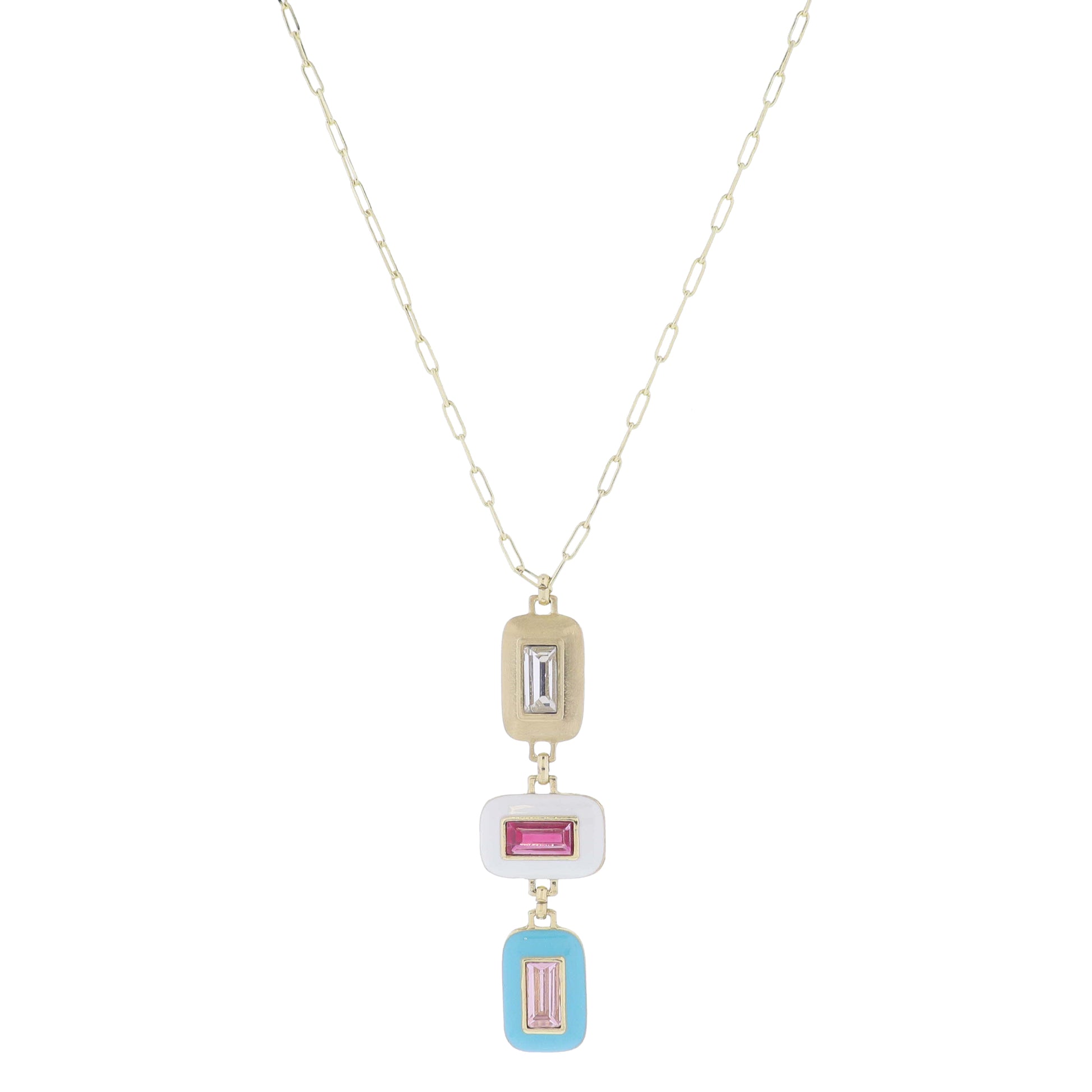 24" Stacked Rectangles, Gold, White & Hot Pink Crystal, Turquoise & Pink Crystal Necklace, 3" Ext