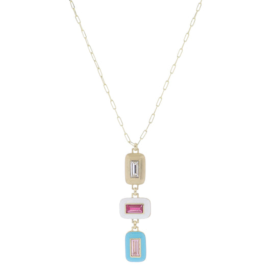 24" Stacked Rectangles, Gold, White & Hot Pink Crystal, Turquoise & Pink Crystal Necklace, 3" Ext