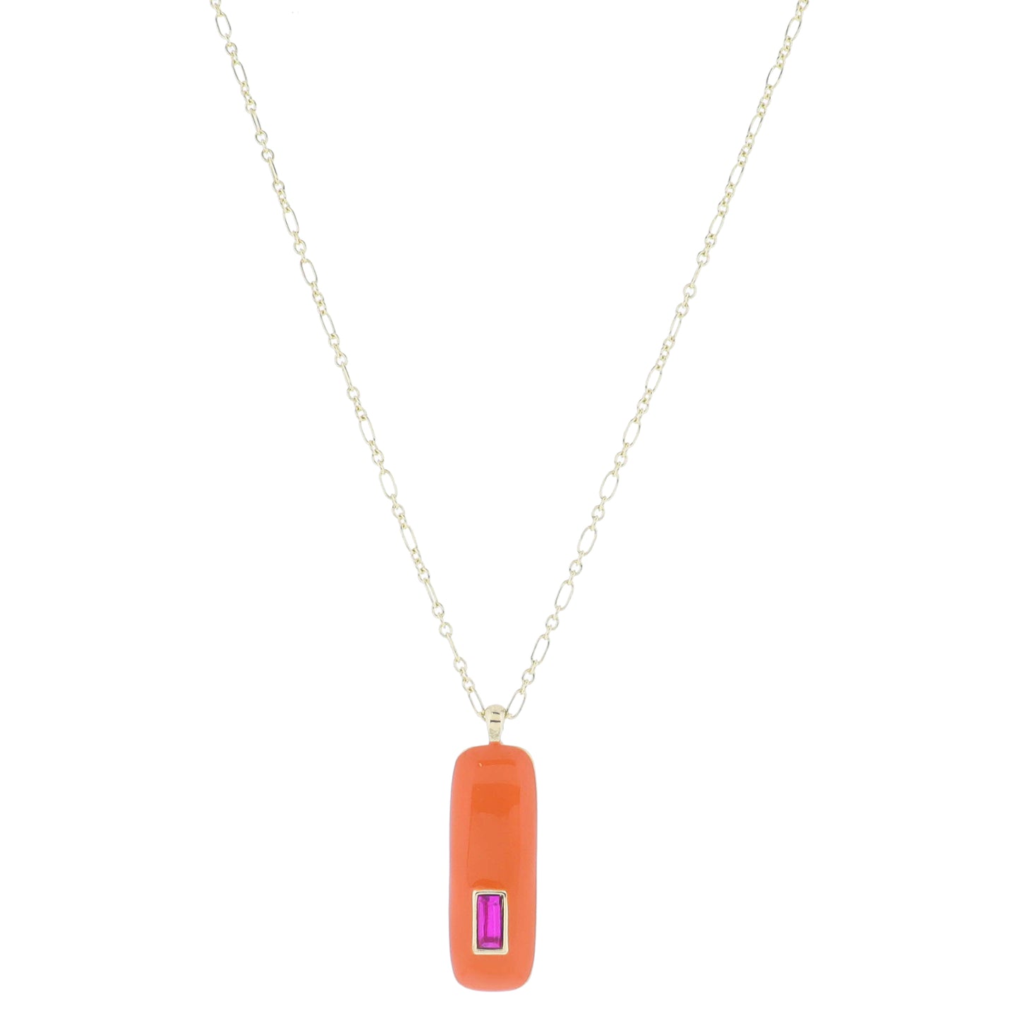 24" Long Orange Enamel Rectangle with Fuchsia Rectangle Crystal Necklace, 3" Ext