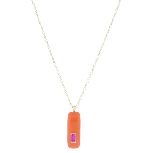 24" Long Orange Enamel Rectangle with Fuchsia Rectangle Crystal Necklace, 3" Ext