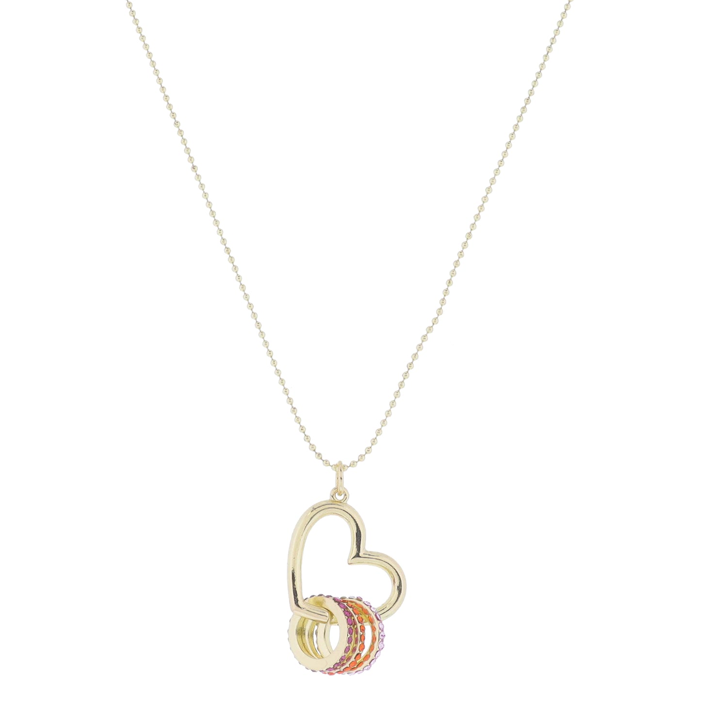 24" Gold Open Heart with Fuchsia, Orange, Light Pink Pave Crystal Rings Necklace, 3" Ext