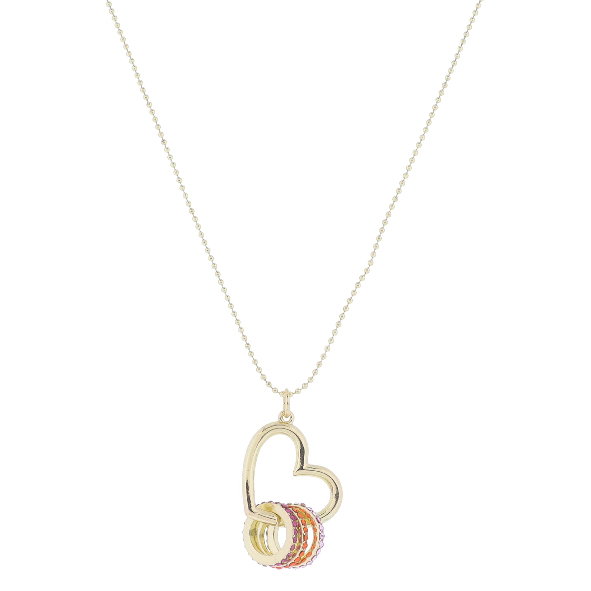 24" Gold Open Heart with Fuchsia, Orange, Light Pink Pave Crystal Rings Necklace, 3" Ext