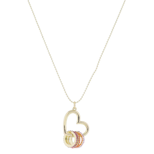 24" Gold Open Heart with Fuchsia, Orange, Light Pink Pave Crystal Rings Necklace, 3" Ext