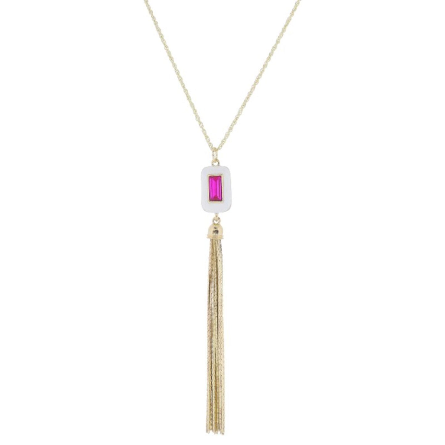 24" White Enamel and Fuchsia Rectangle Crystal with Long Gold Chain Tassel Necklace, 3" Ext