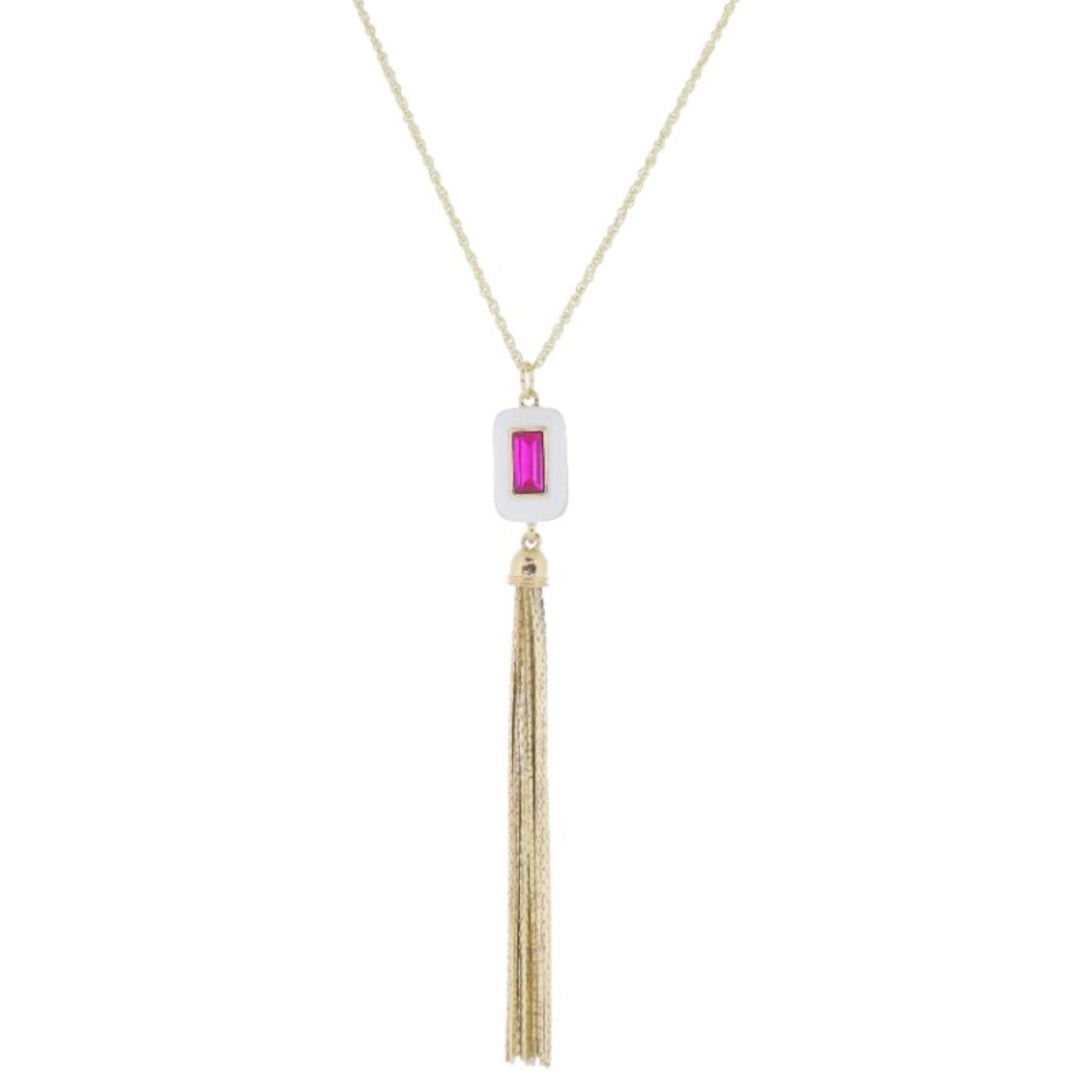 24" White Enamel and Fuchsia Rectangle Crystal with Long Gold Chain Tassel Necklace, 3" Ext