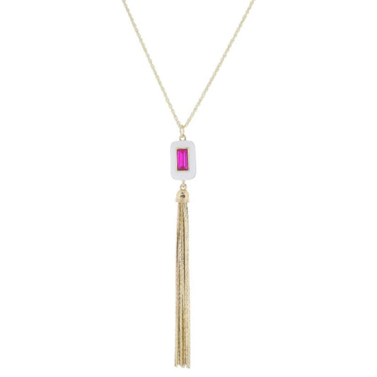 24" White Enamel and Fuchsia Rectangle Crystal with Long Gold Chain Tassel Necklace, 3" Ext