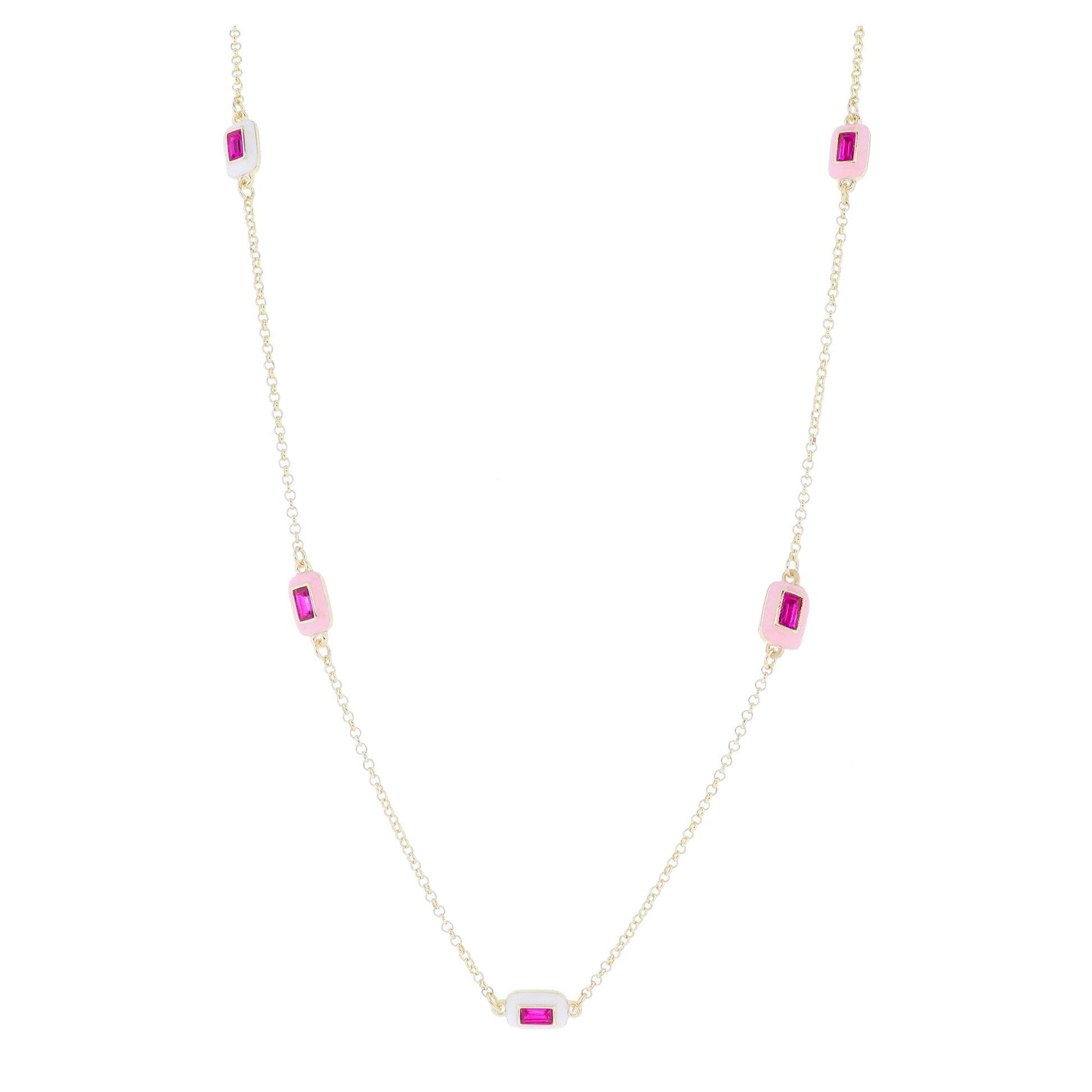 24" White and Light Pink Enamel with Fuchsia Rectangle Crystal Stations Necklace, 3" Ext