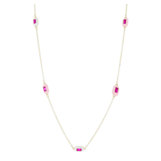 24" White and Light Pink Enamel with Fuchsia Rectangle Crystal Stations Necklace, 3" Ext