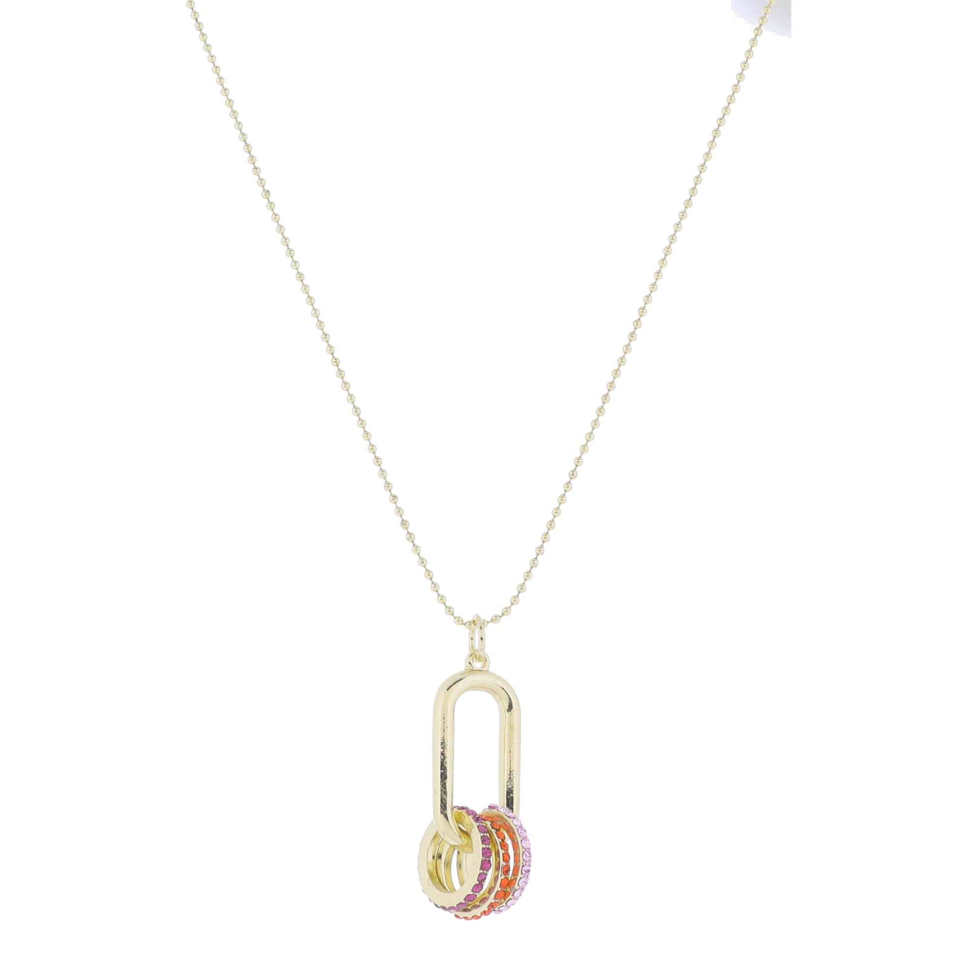 24" Gold Open Oval with Fuchsia, Orange, Light Pink Pave Crystal Rings Necklace, 3" Ext