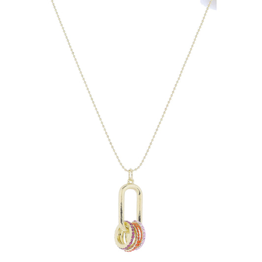 24" Gold Open Oval with Fuchsia, Orange, Light Pink Pave Crystal Rings Necklace, 3" Ext
