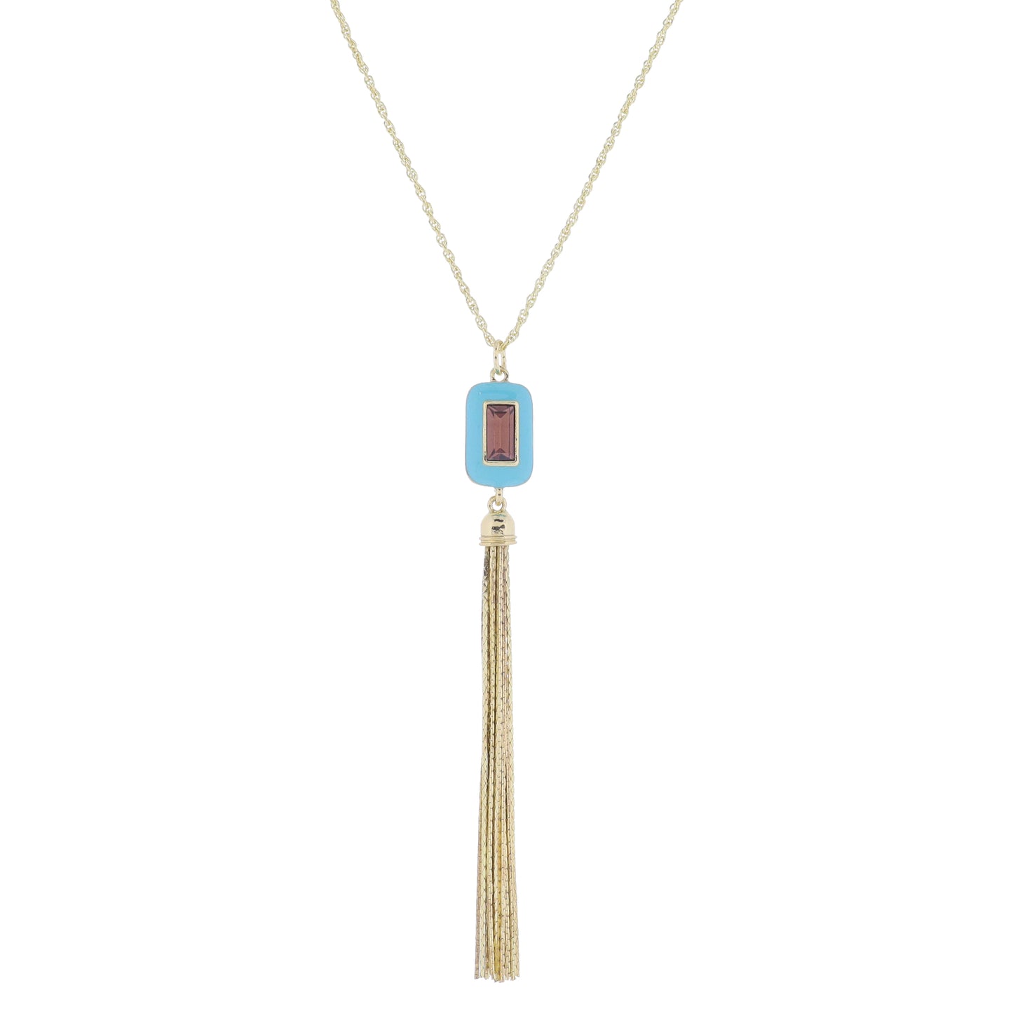 24" Turquoise Enamel and Mauve Rectangle Crystal with Long Gold Chain Tassel Necklace, 3" Ext