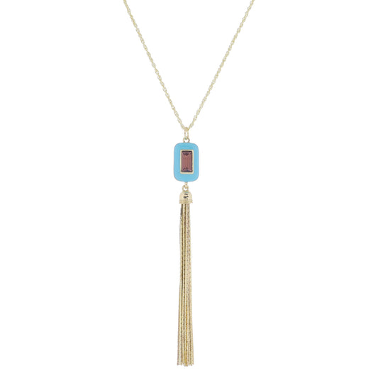 24" Turquoise Enamel and Mauve Rectangle Crystal with Long Gold Chain Tassel Necklace, 3" Ext