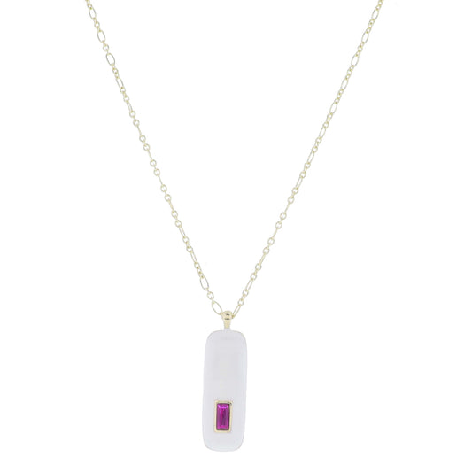 24" Long White Enamel Rectangle with Fuchsia Rectangle Crystal Necklace, 3" Ext