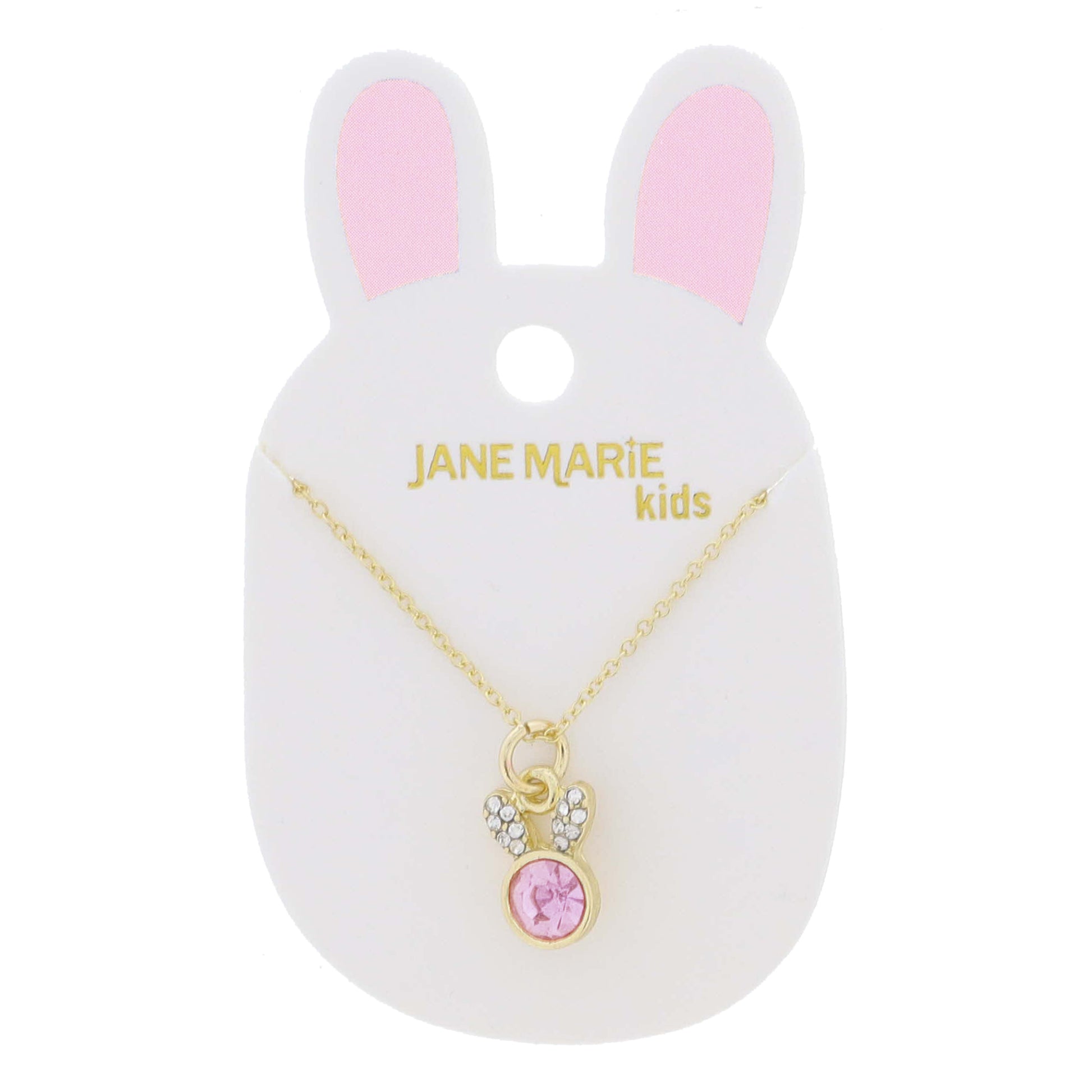 Kids 14" Mini Clear Crystal Pave Ears and Light Pink Crystal Bunny Head Necklace, 3" Ext