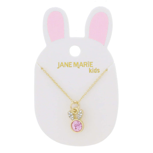 Kids 14" Mini Clear Crystal Pave Ears and Light Pink Crystal Bunny Head Necklace, 3" Ext