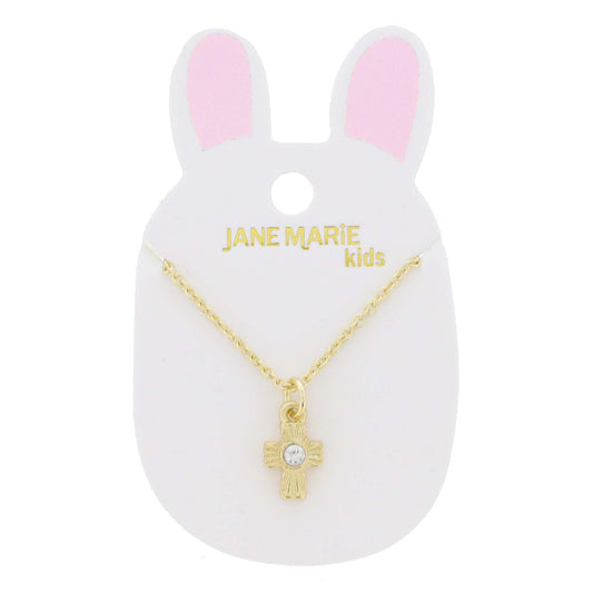 Kids 14" Gold Starburst Cross with Center Clear Crystal Necklace, 3" Ext